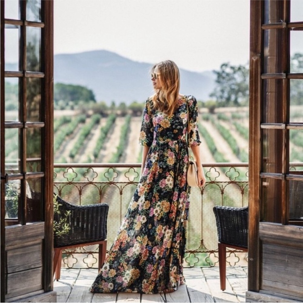 Anthropologie Yumi Kim Black Floral Maxi Dress with Pink and Cream Blooms